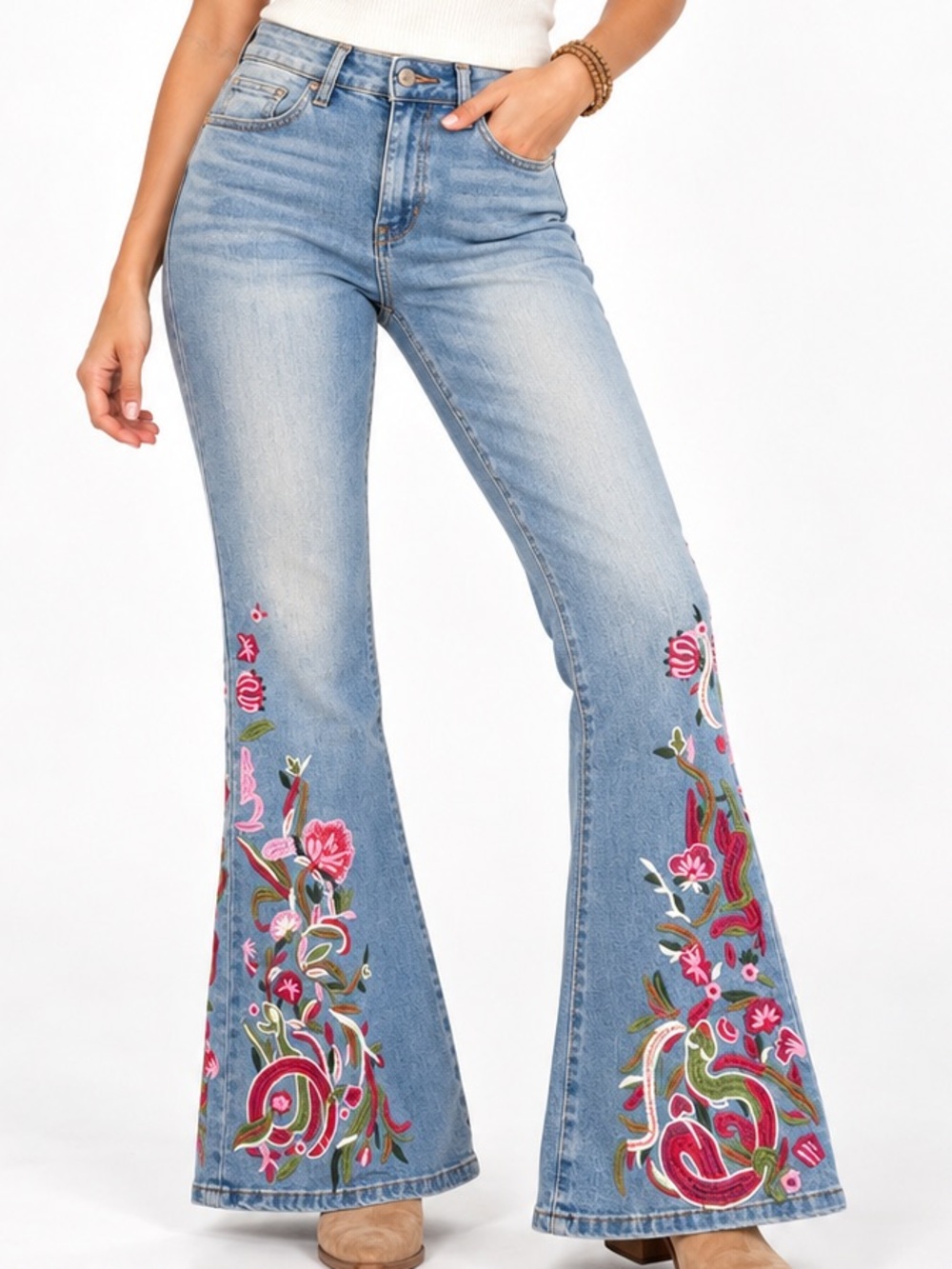 083.New  Light Blue Flare Jeans with Pink Floral Embroidery